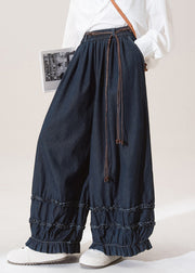 Casual Dark Blue Dark Ruffled Pockets Lantern Jeans Fall
