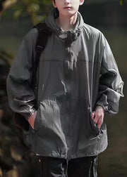 Casual Dark Gray Hooded Print Drawstring Men UPF 50+ Coat Summer