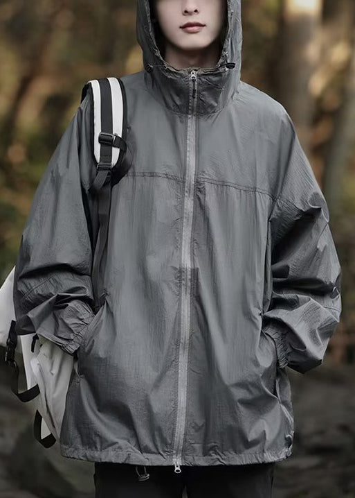 Casual Dark Gray Hooded Print Drawstring Men UPF 50+ Coat Summer