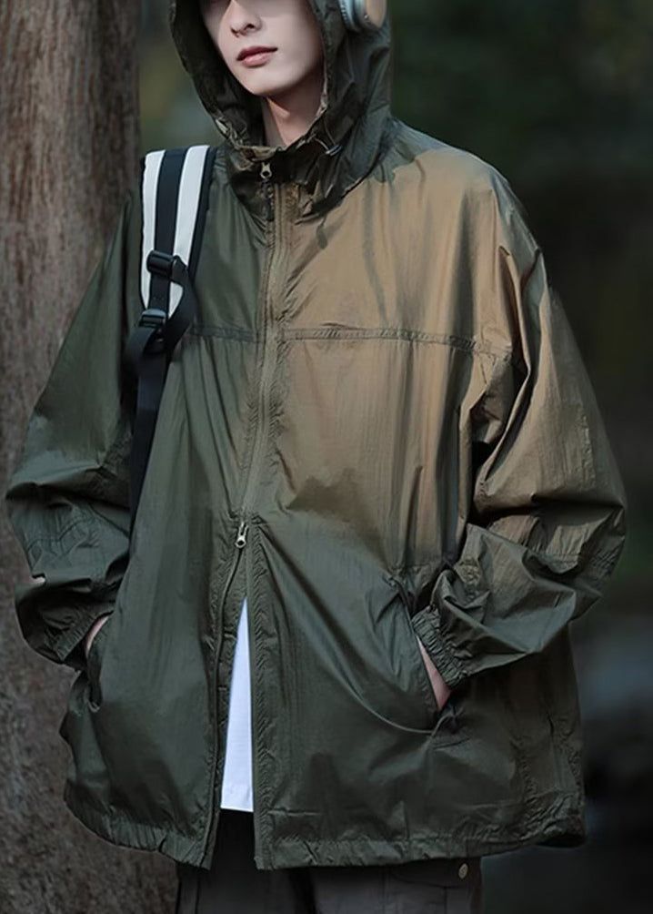 Casual Dark Gray Hooded Print Drawstring Men UPF 50+ Coat Summer