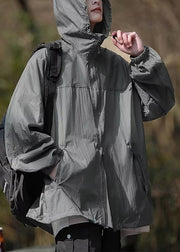 Casual Dark Gray Hooded Print Drawstring Men UPF 50+ Coat Summer