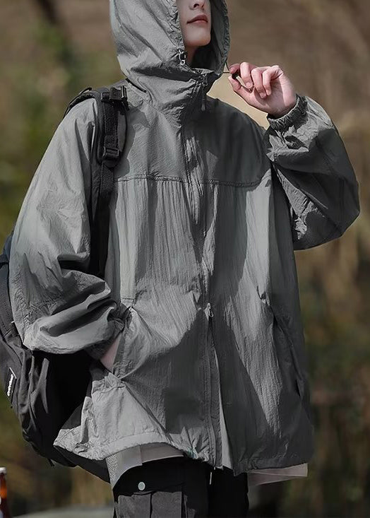 Casual Dark Gray Hooded Print Drawstring Men UPF 50+ Coat Summer