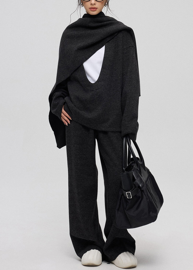 Casual Dark Gray U Neck Solid Cashmere Three Piece Set Winte