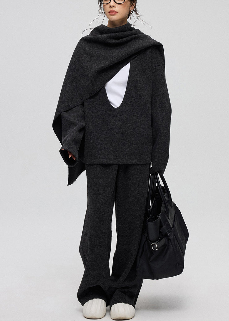 Casual Dark Gray U Neck Solid Cashmere Three Piece Set Winte