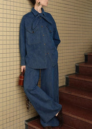 Casual Denim Blue Peter Pan Collar Button Shirt And Pants Two Pieces Set Fall