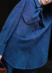 Casual Denim Blue Peter Pan Collar Button Shirt And Pants Two Pieces Set Fall