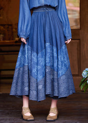 Casual Denim Blue Print Tie Waist Maxi Skirt Summer