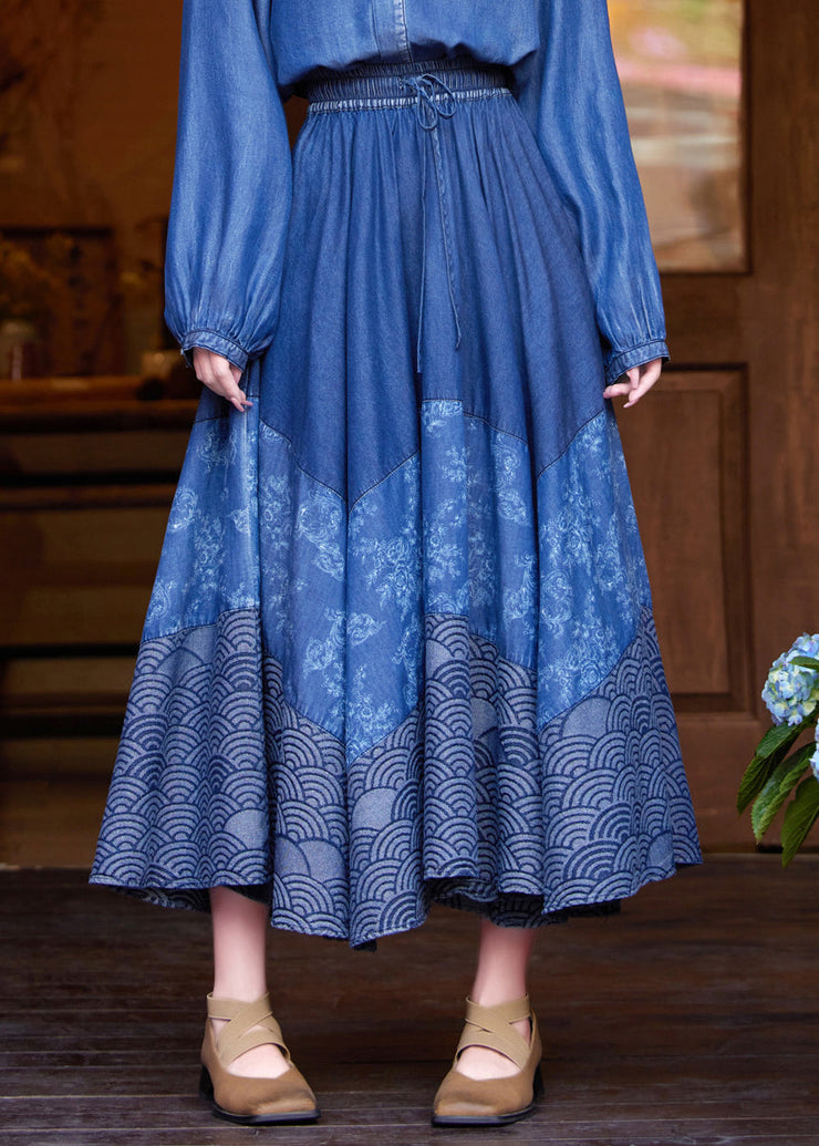 Casual Denim Blue Print Tie Waist Maxi Skirt Summer