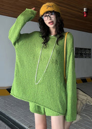 Casual Grass Green Embroidered Letter Knit Two-Piece Set Spring