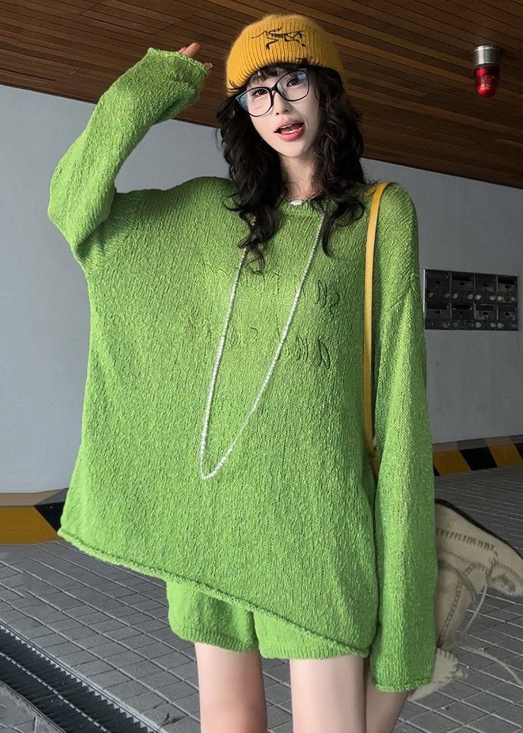 Casual Grass Green Embroidered Letter Knit Two-Piece Set Spring
