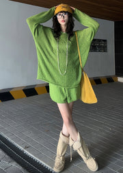 Casual Grass Green Embroidered Letter Knit Two-Piece Set Spring