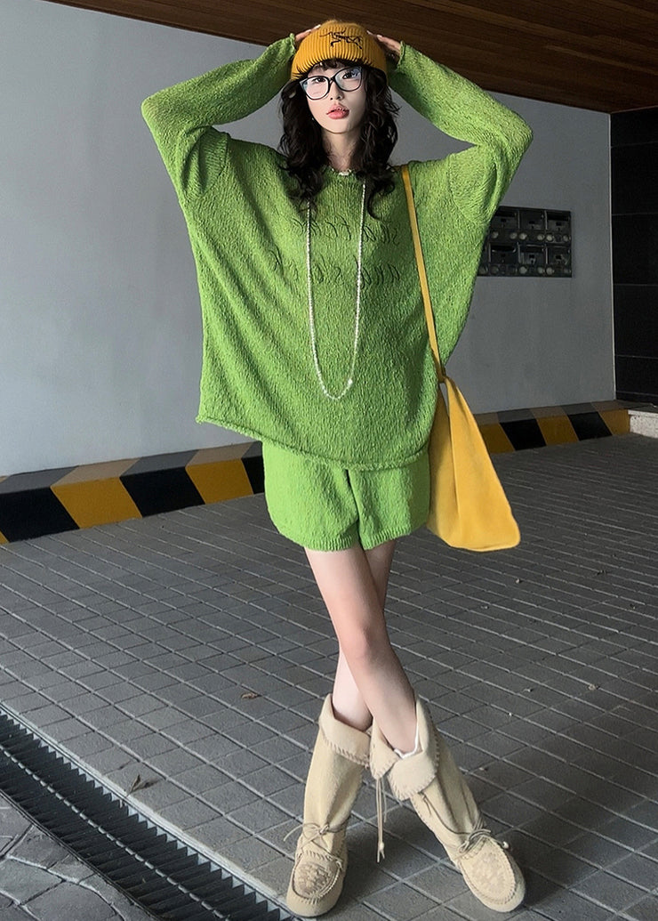 Casual Grass Green Embroidered Letter Knit Two-Piece Set Spring