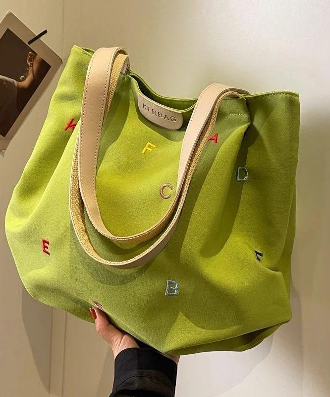 Casual Grass Green Letter Embroidered Large Capacity Cotton Shoulder Bags