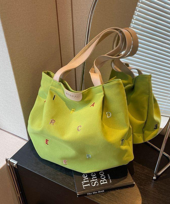 Casual Grass Green Letter Embroidered Large Capacity Cotton Shoulder Bags