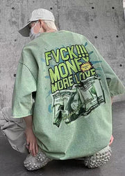 Casual Grass Green Oversized Print Cotton Graphic Tees Men Summer