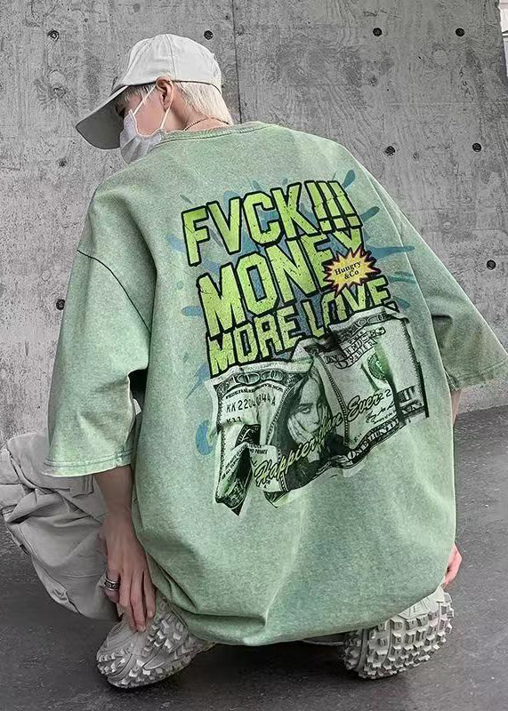 Casual Grass Green Oversized Print Cotton Graphic Tees Men Summer