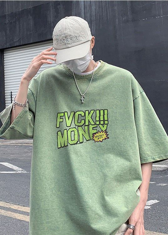 Casual Grass Green Oversized Print Cotton Graphic Tees Men Summer
