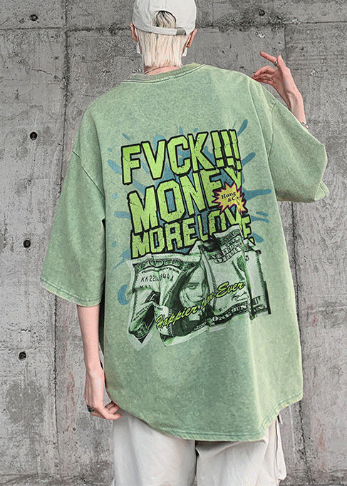 Casual Grass Green Oversized Print Cotton Graphic Tees Men Summer