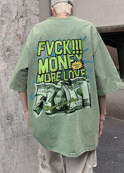 Casual Grass Green Oversized Print Cotton Graphic Tees Men Summer