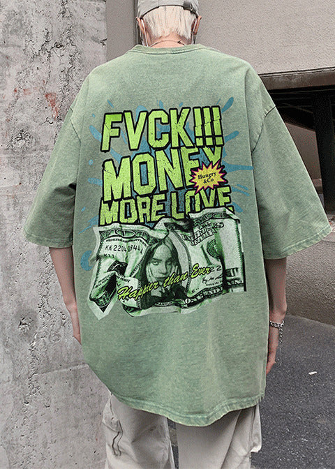 Casual Grass Green Oversized Print Cotton Graphic Tees Men Summer