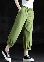 Casual Grass Green Pockets Elastic Waist Linen Crop Pants Fall