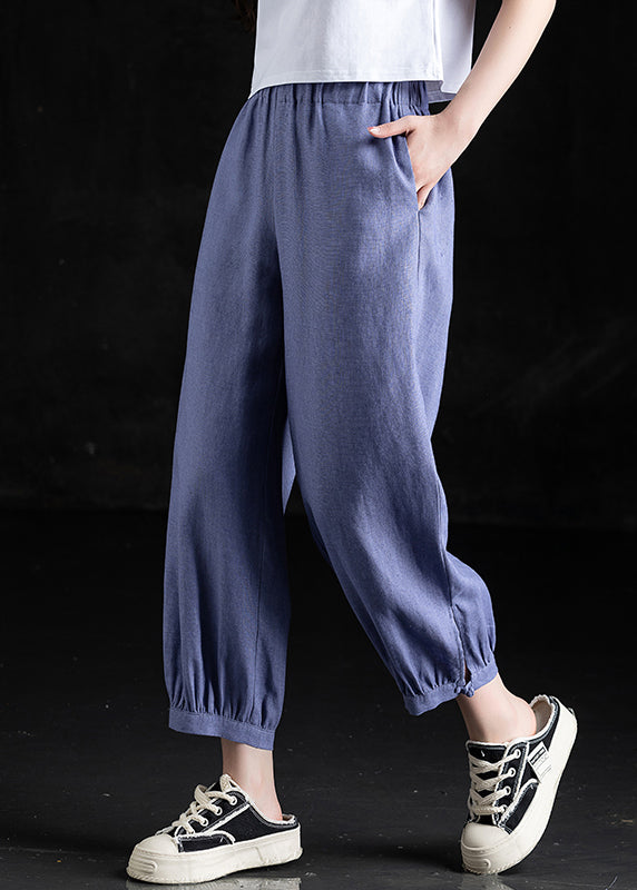 Casual Grass Green Pockets Elastic Waist Linen Crop Pants Fall