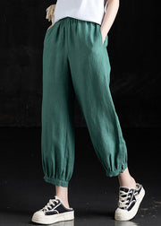 Casual Grass Green Pockets Elastic Waist Linen Crop Pants Fall