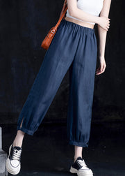 Casual Grass Green Pockets Elastic Waist Linen Crop Pants Fall