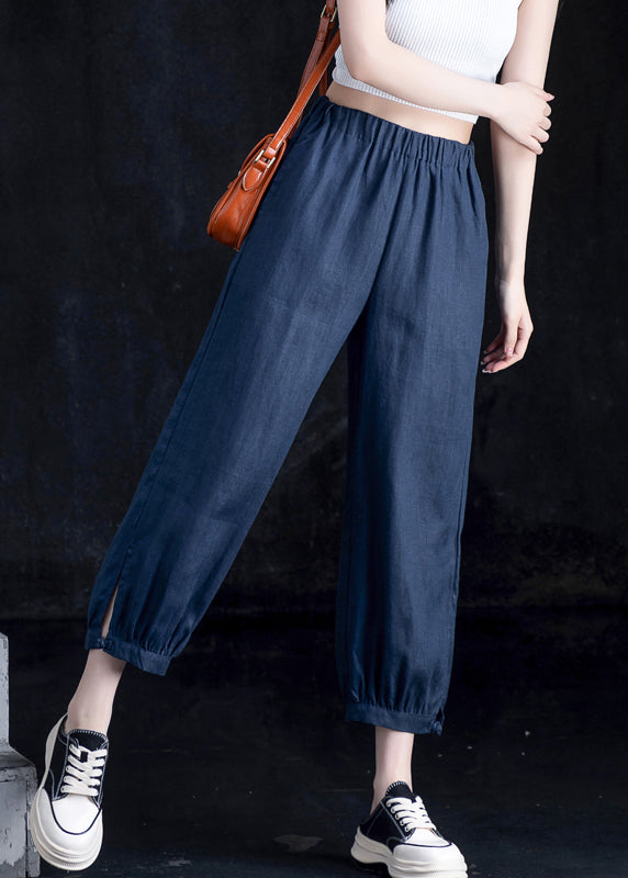 Casual Grass Green Pockets Elastic Waist Linen Crop Pants Fall