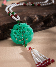 Casual Green Alloy Jade Pearl Beading Tassel Pendant Necklace