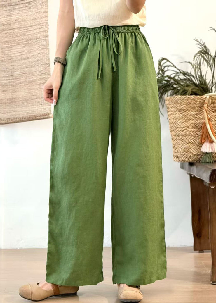 Casual Green Elastic Waist Linen Straight Pants Summer