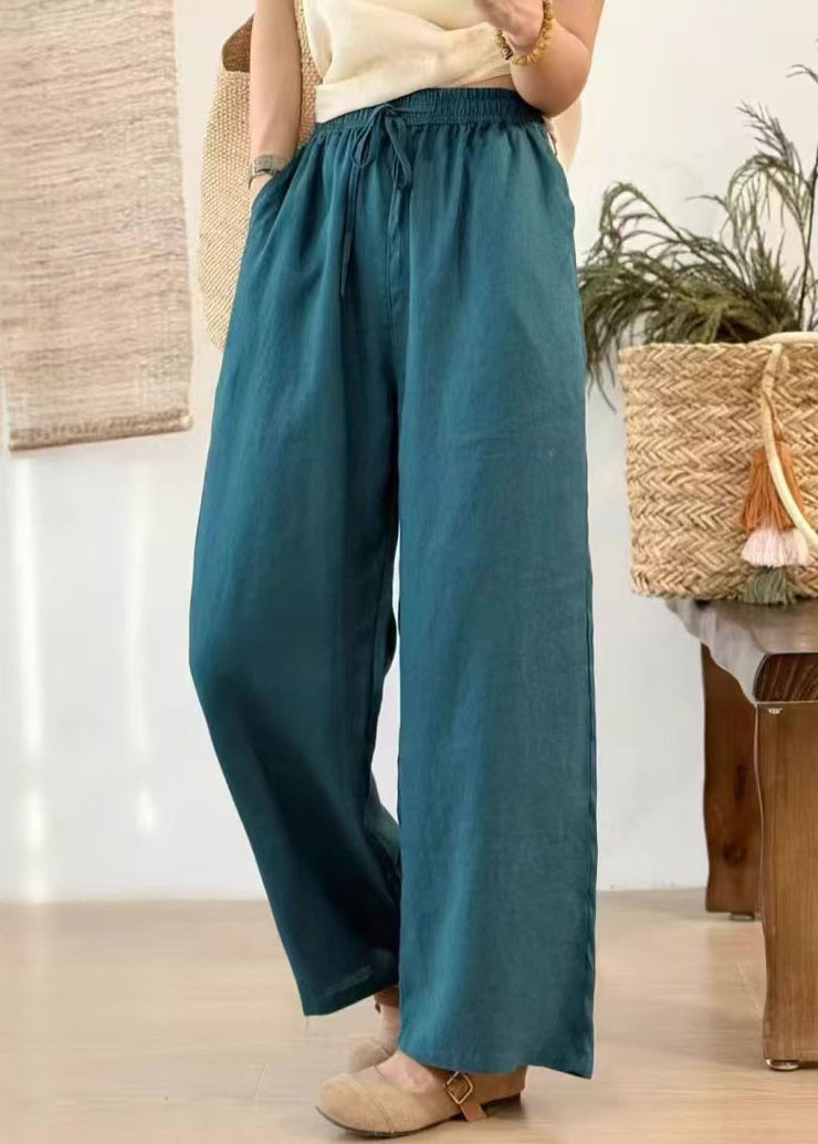 Casual Green Elastic Waist Linen Straight Pants Summer