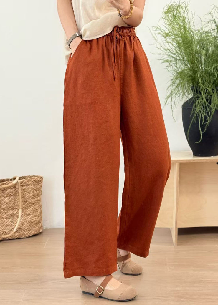 Casual Green Elastic Waist Linen Straight Pants Summer