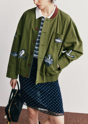 Casual Green Embroidered Pockets Button Cotton Jacket Fall