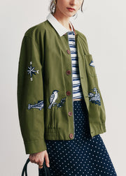 Casual Green Embroidered Pockets Button Cotton Jacket Fall
