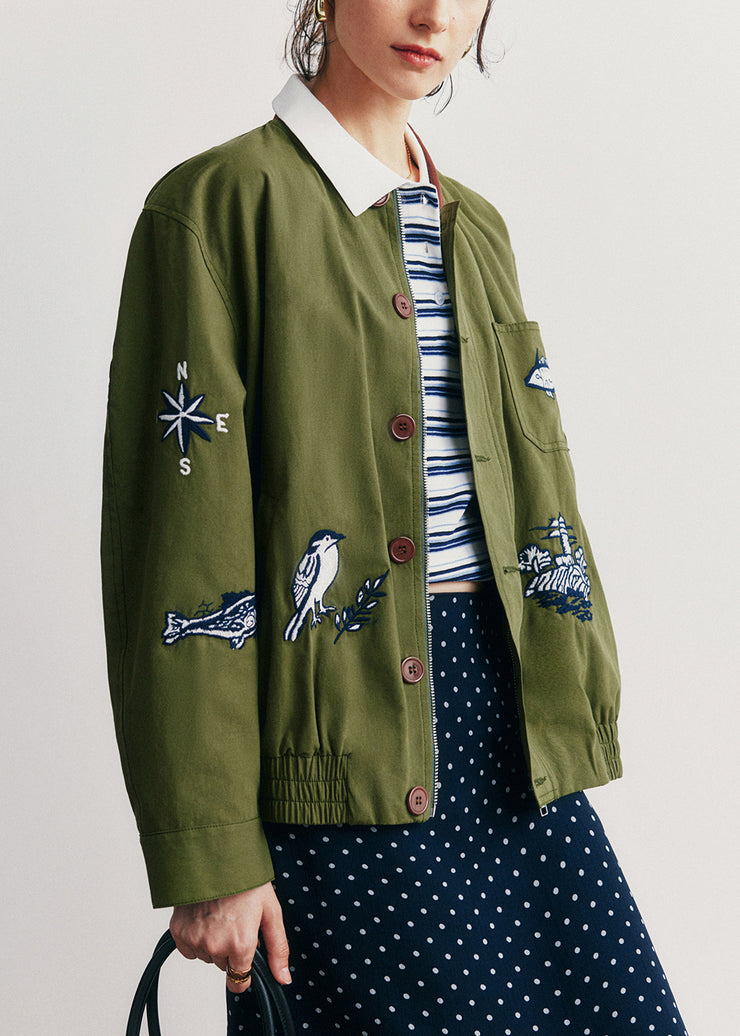 Casual Green Embroidered Pockets Button Cotton Jacket Fall