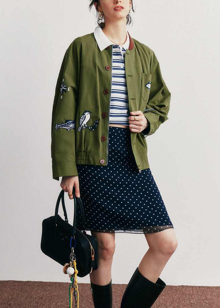 Casual Green Embroidered Pockets Button Cotton Jacket Fall