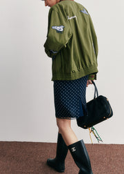 Casual Green Embroidered Pockets Button Cotton Jacket Fall