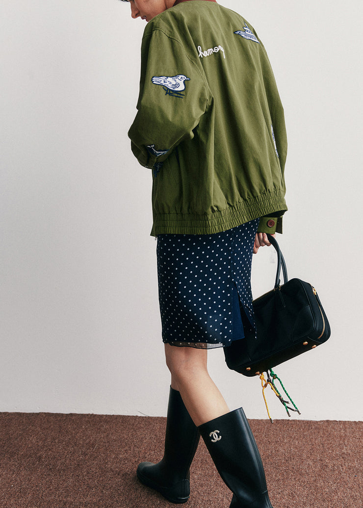 Casual Green Embroidered Pockets Button Cotton Jacket Fall