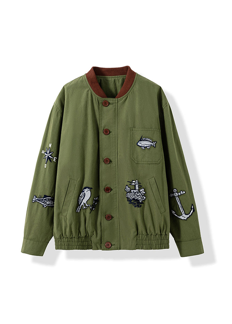 Casual Green Embroidered Pockets Button Cotton Jacket Fall