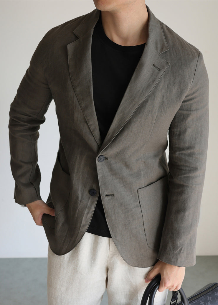 Casual Green Notched Pockets Solid Linen Men Coat Fall
