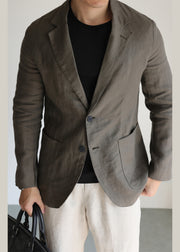 Casual Green Notched Pockets Solid Linen Men Coat Fall