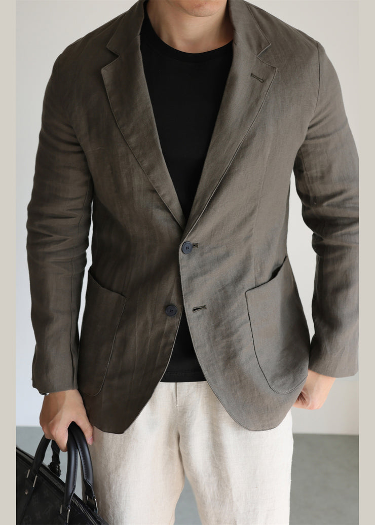 Casual Green Notched Pockets Solid Linen Men Coat Fall