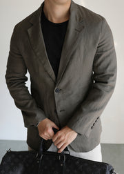 Casual Green Notched Pockets Solid Linen Men Coat Fall