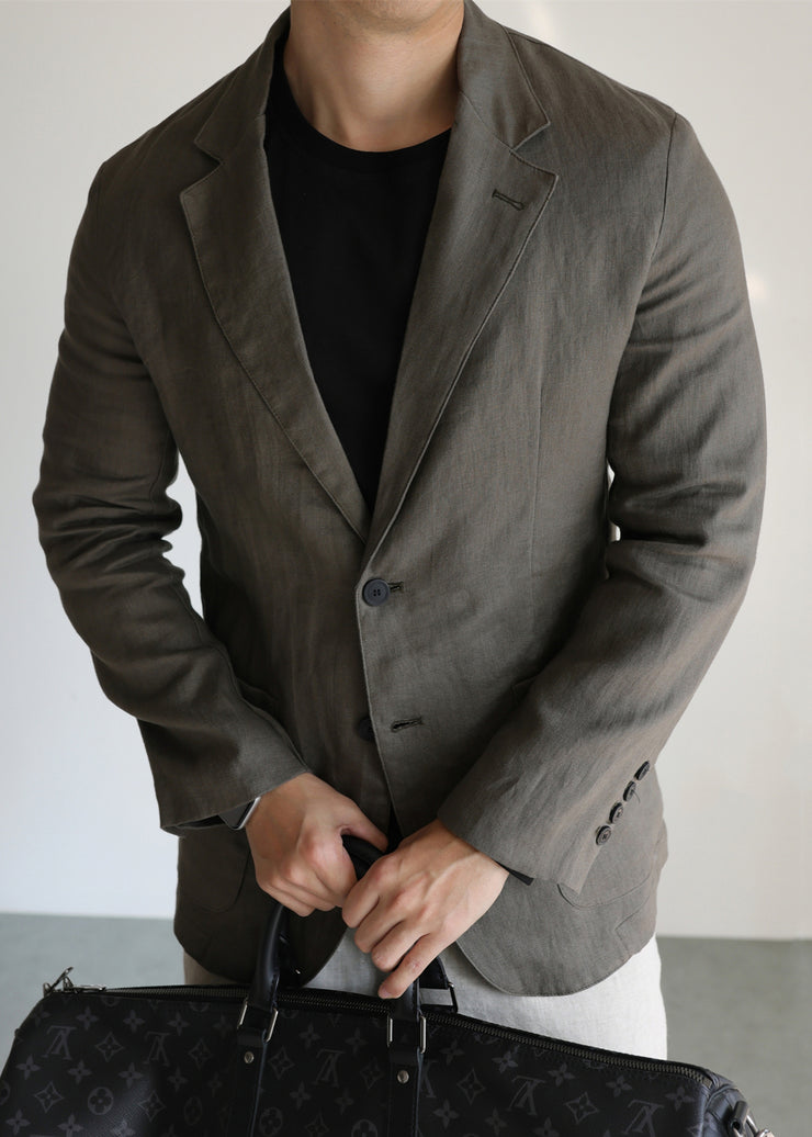 Casual Green Notched Pockets Solid Linen Men Coat Fall