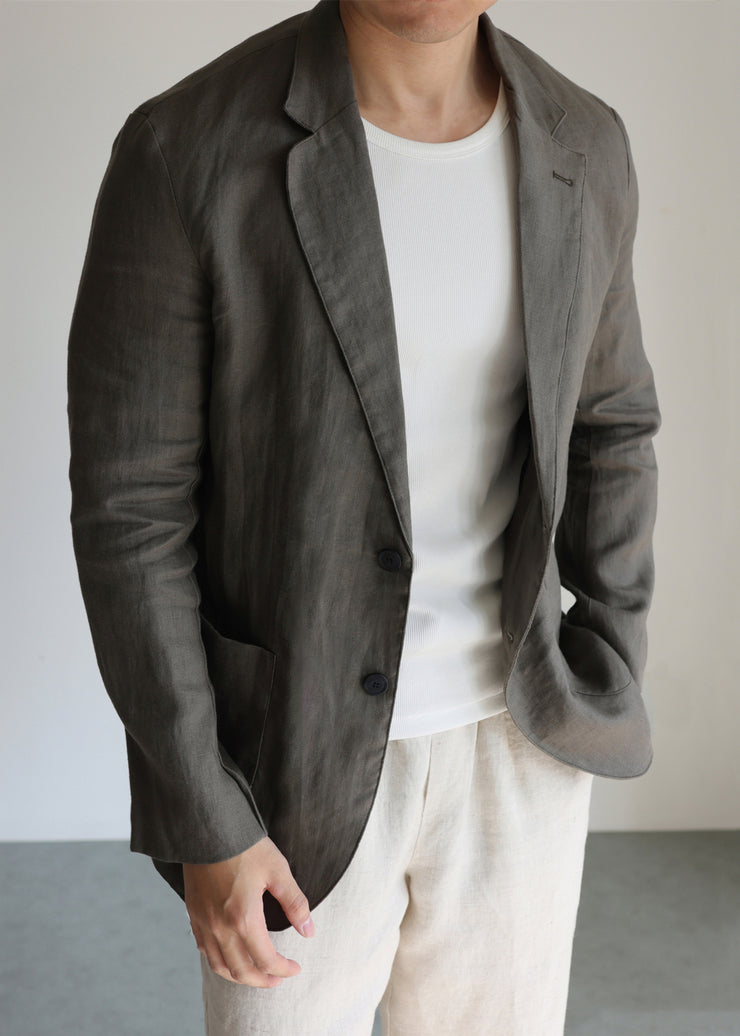 Casual Green Notched Pockets Solid Linen Men Coat Fall