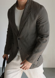 Casual Green Notched Pockets Solid Linen Men Coat Fall