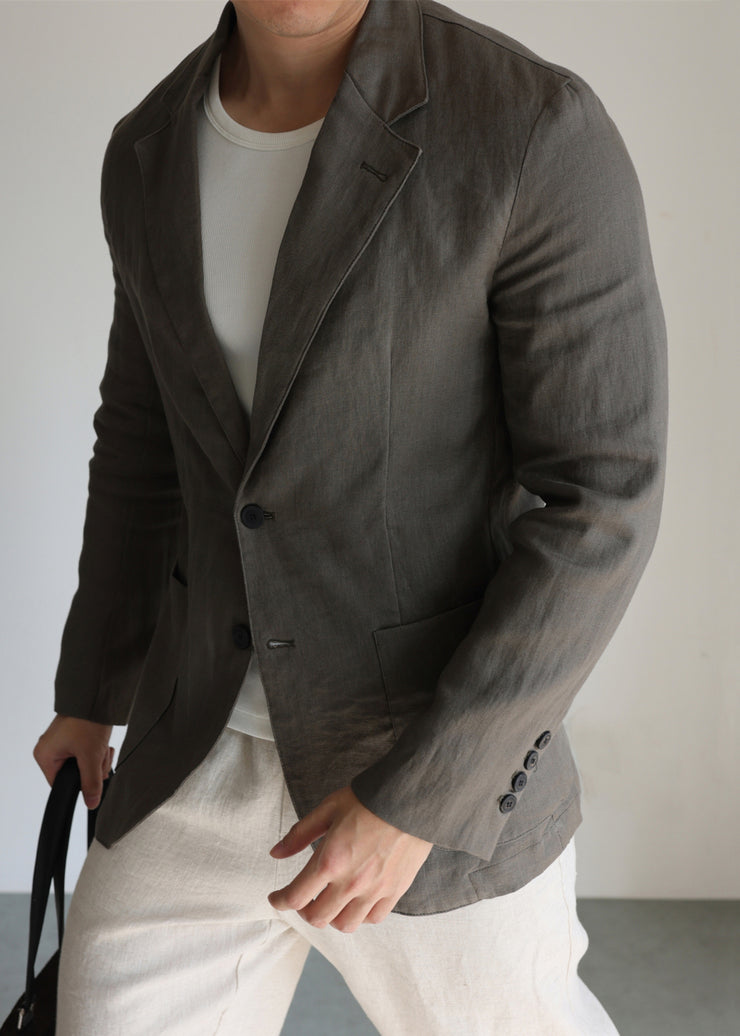 Casual Green Notched Pockets Solid Linen Men Coat Fall