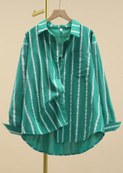 Casual Green Peter Pan Collar Striped Button Cotton Shirt Fall