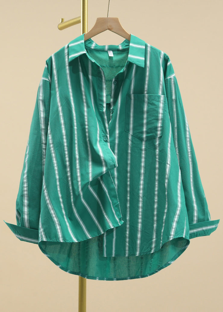 Casual Green Peter Pan Collar Striped Button Cotton Shirt Fall